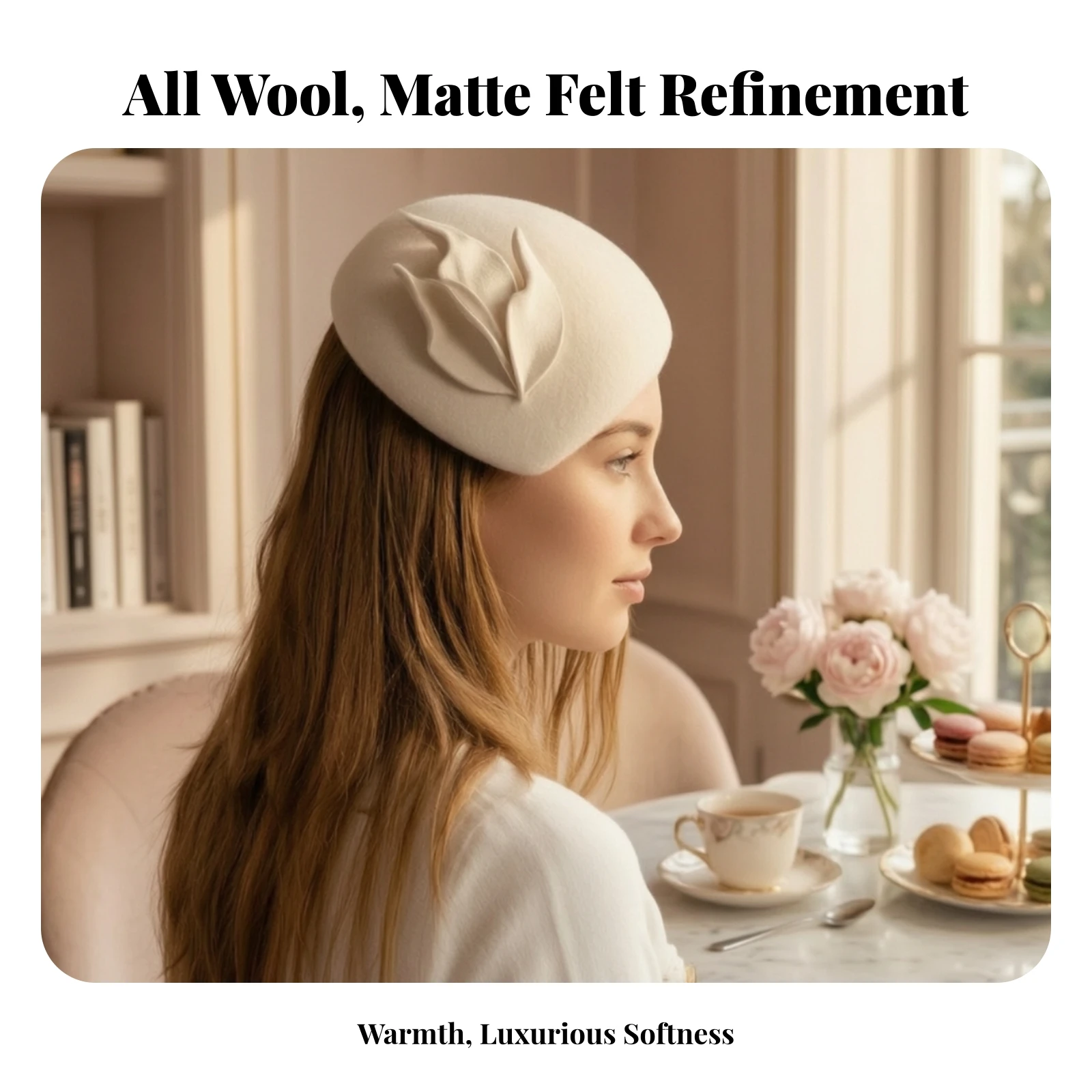 Beret Hat with Applique Easy to Match Asymmetrical Felt Beret Wool Felt Hat Comfortable Headwear Adjustable for Women