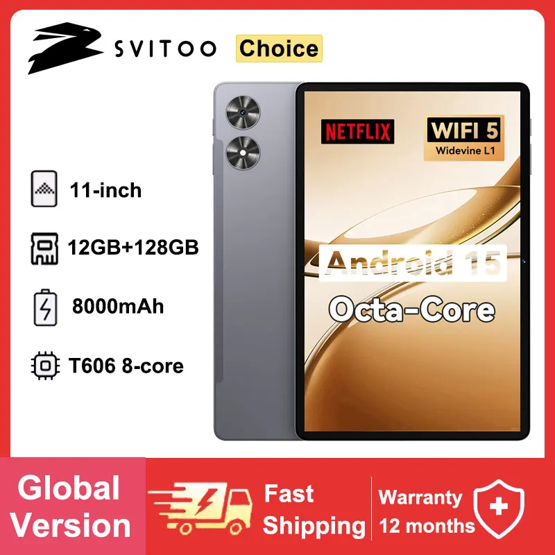 

SVITOO 11-дюймовый планшет Android 15 12 ГБ ОЗУ 128 ГБ ПЗУ Octa-Core T606 8000 мАч Батарея Type-C Widevine L1 Планшеты Глобальная версия
