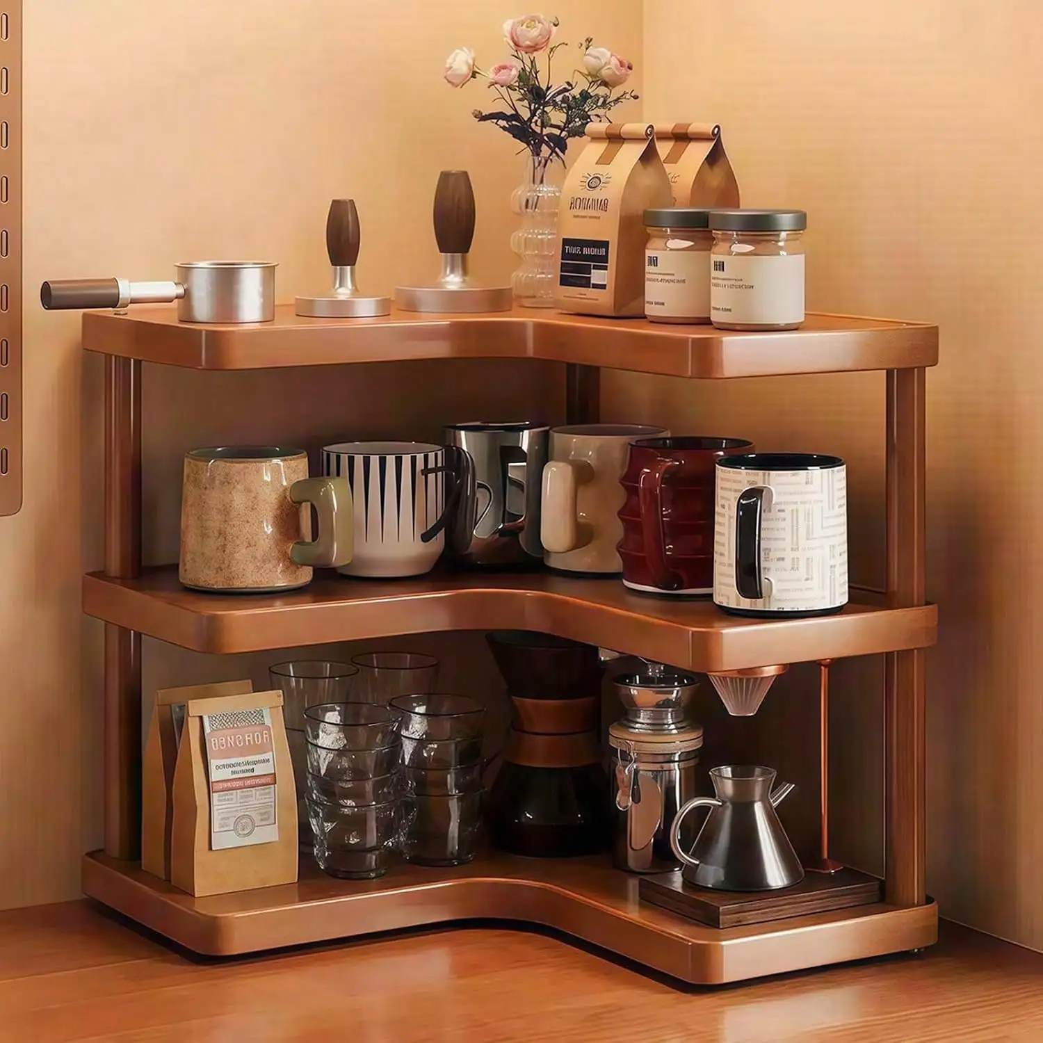 ONESIMCR Triangular Corner Shelf - Multi-Tier Countertop With Space-Saving Curved/Shaped Design Suitable For Coffee Station, Kitchen & Organization, Modern Minimalist Shelf For Small Spaces, Display Unit, Corner Shelves