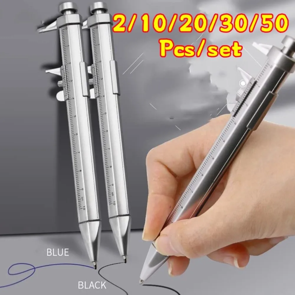 2-50Pcs Silver Caliper Pen with Scale Creative Office Promotional Gift Stationery Tool Ballpoint Ruler Writing Instrument