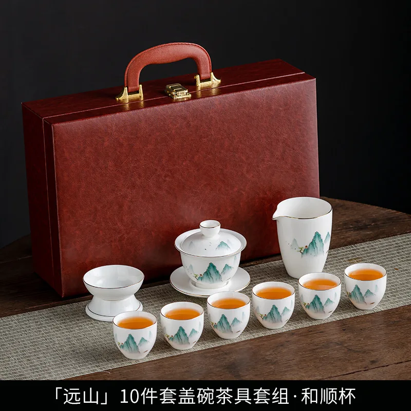 Ceramic National Trend Thousand Miles of Rivers and Mountains Goat Fat Jade Kung Fu Tea Set Box Business Gift
