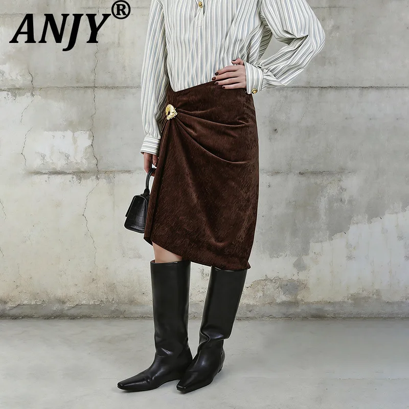 

ANJY Новая женская плиссированная юбка-карандаш в французском стиле с металлической пряжкой, однотонная, модная, трендовая, весна-лето A20425