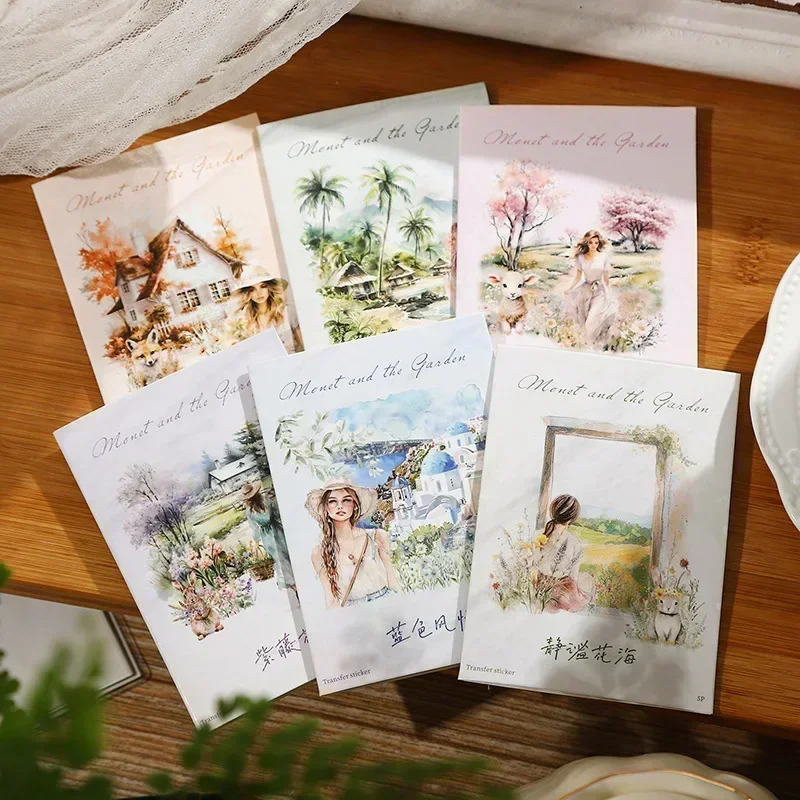 5sheets Transfer stickers Monet Garden Scenery Handmade Account Retro Collage package Background Scrapbooking Cut 130*83mm