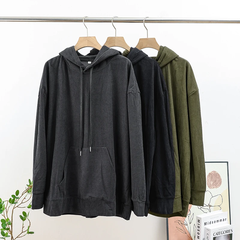 

Knitted Corduroy Hooded Shirt Women Men Oversized Hoodie Solid Long Sleeve Tops Pockets Sweatshirt Female Streetwear Pullovers