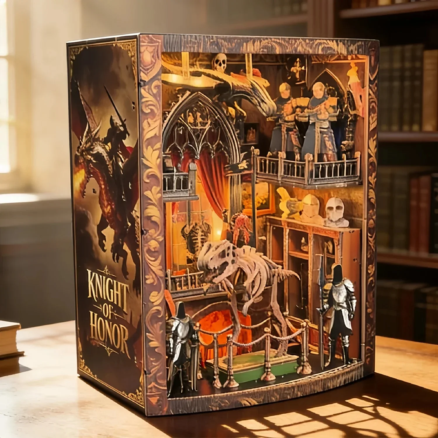 DIY Book Nook Shelf Insert Kit Dragon Riders Hall Bookend Miniature Dollhouse 3D Puzzle Assembly Model for Adults Birthday Gifts