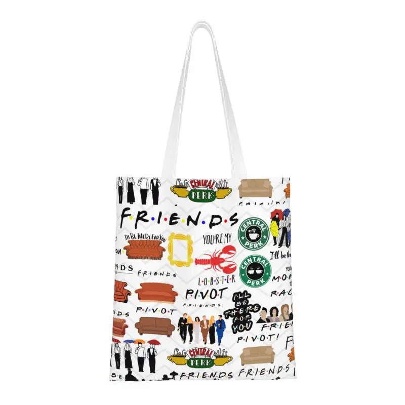 Custom Vintage Friends Symbol Collage Canvas Shopping Bag Women Reusable Grocery TV Show Tote Shopper Bags