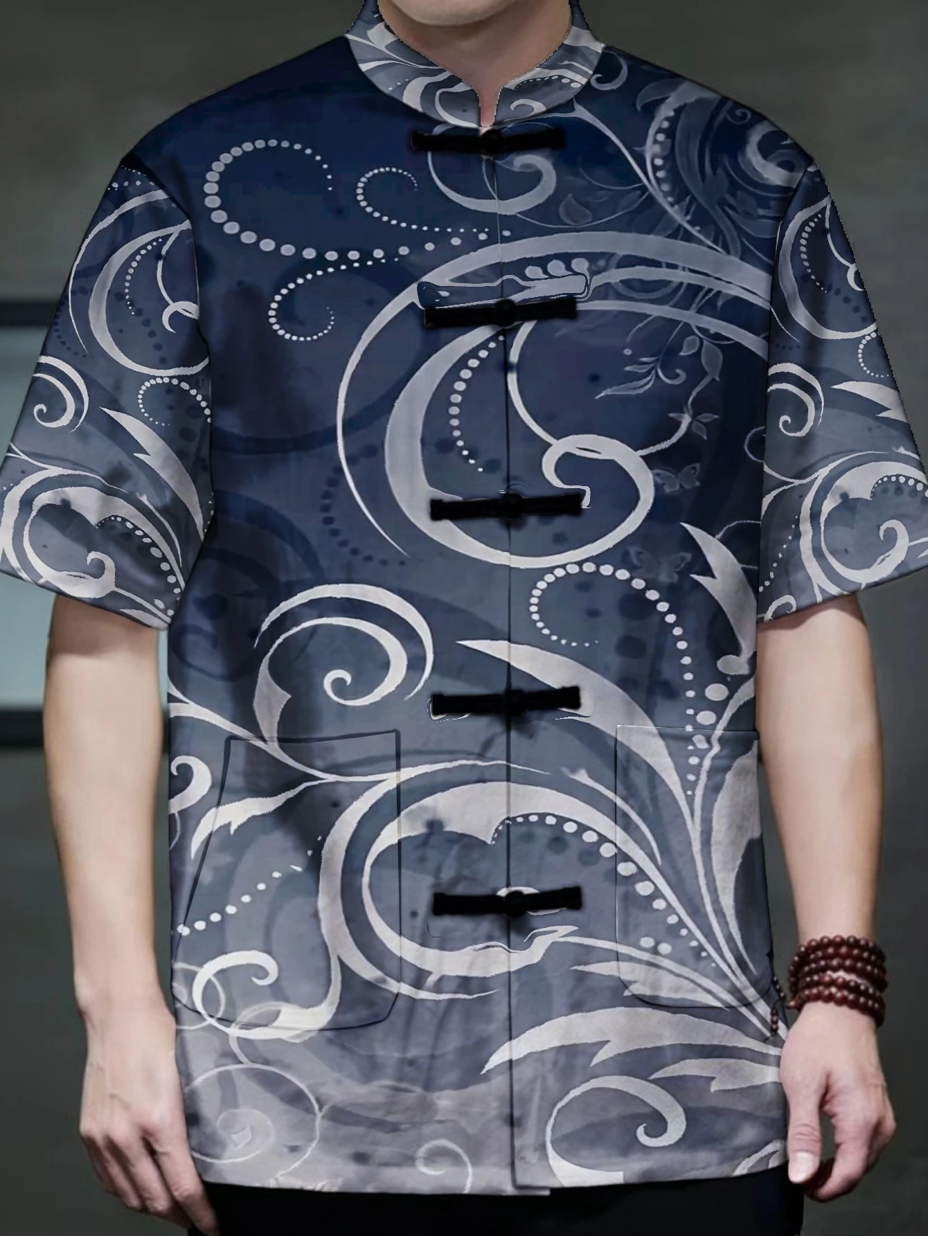 Men Mandarin Collar Tang Suit Short Sleeve Shirt Swirl Ornate Art Print Frog Button Dual Pocket Casual Oriental Top