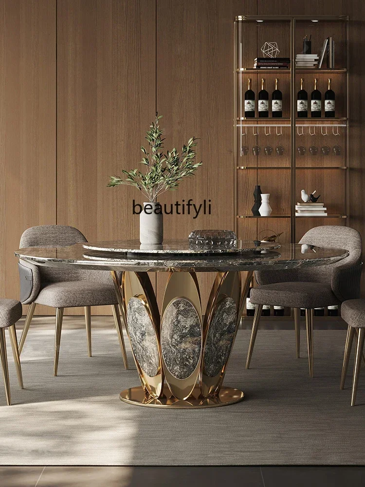 LXPurenatural marbledining table platinum diamond luxury stone round table light luxury dining table chair blue jadeite countert