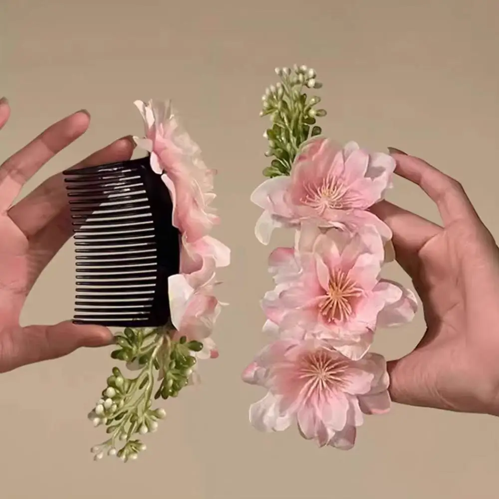 

Pink Cherry Blossom Flower Insert Comb Chinese Side Bun Hairpin Pastoral Headwear Super Fairy Hair Accessories Hair Clips