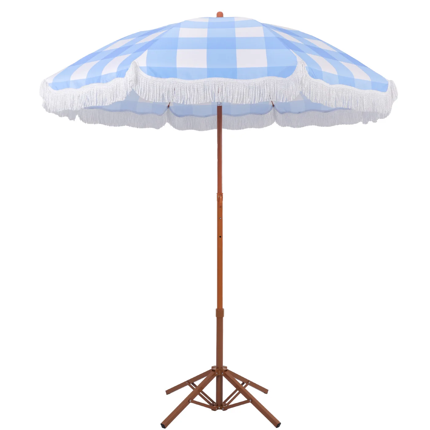 Fringed Beach Umbrella, Blue White Plaid Outdoor Sun Shade Parasol, Portable UV Protection Patio Umbrella for Beach Garden