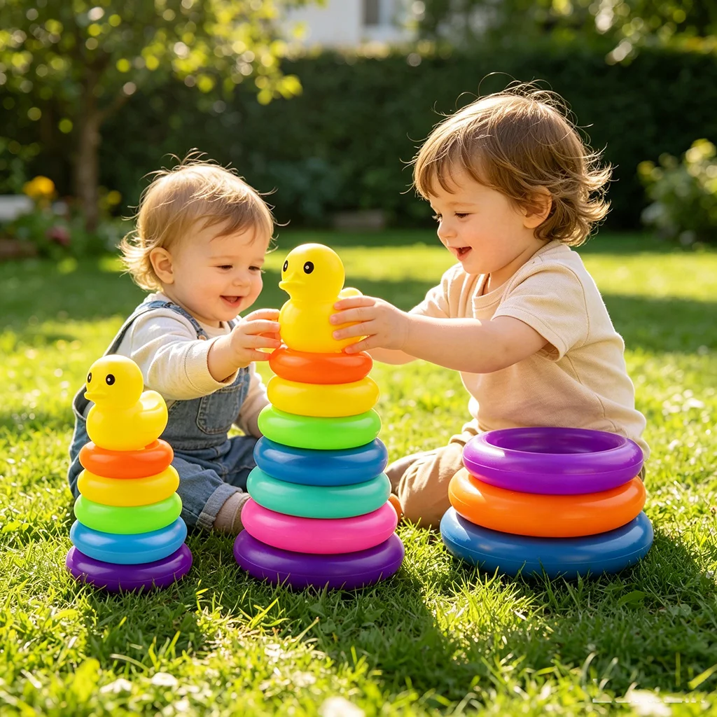 Classic Baby Stacking Rings Toy Rainbow Tower with Yellow Duck Topper Montessori Developmental Toy for Color Recognition & Fine