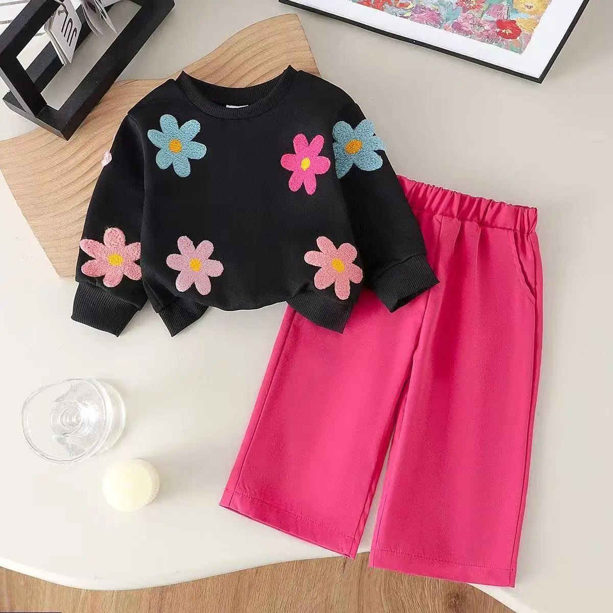 2026 New Infant Baby Girls Stylish Tracksuit Korean Style Floral Hoodie & Rose Red Pants Toddler 2-Piece Casual Set