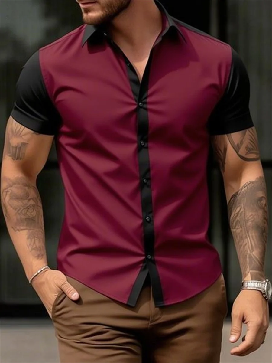 

Men's summer business striped stitching short-sleeved shirt retro casual lapel button shirt Hawaiian holiday style all-match top