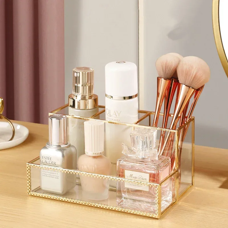 Fashion Gold Glass Makeup Organizer Lipstick Holder Perfume Organizer Desktop Jewelry Cosmetic Drawer Storage Box Display