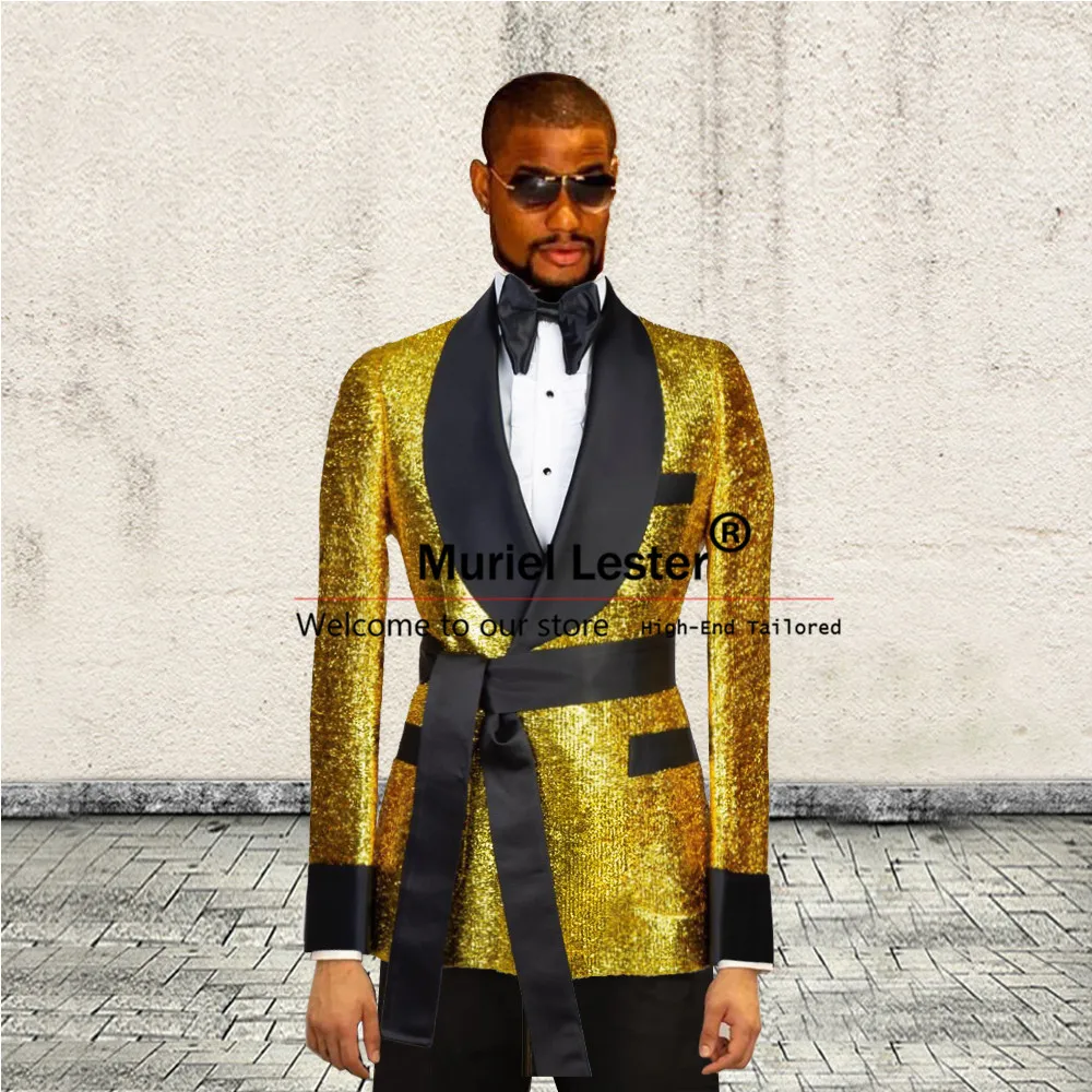 

Sparkly Gold Suits Men For Wedding Black Laepl Jacket Pants 2 Pieces Groom Wear Tuxedos Custom Made Costume Homme Pour Mariage