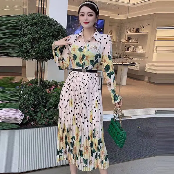 

Spring 2022 new women's Dress Chiffon printed pleated skirt thin shirt collar dress long skirt