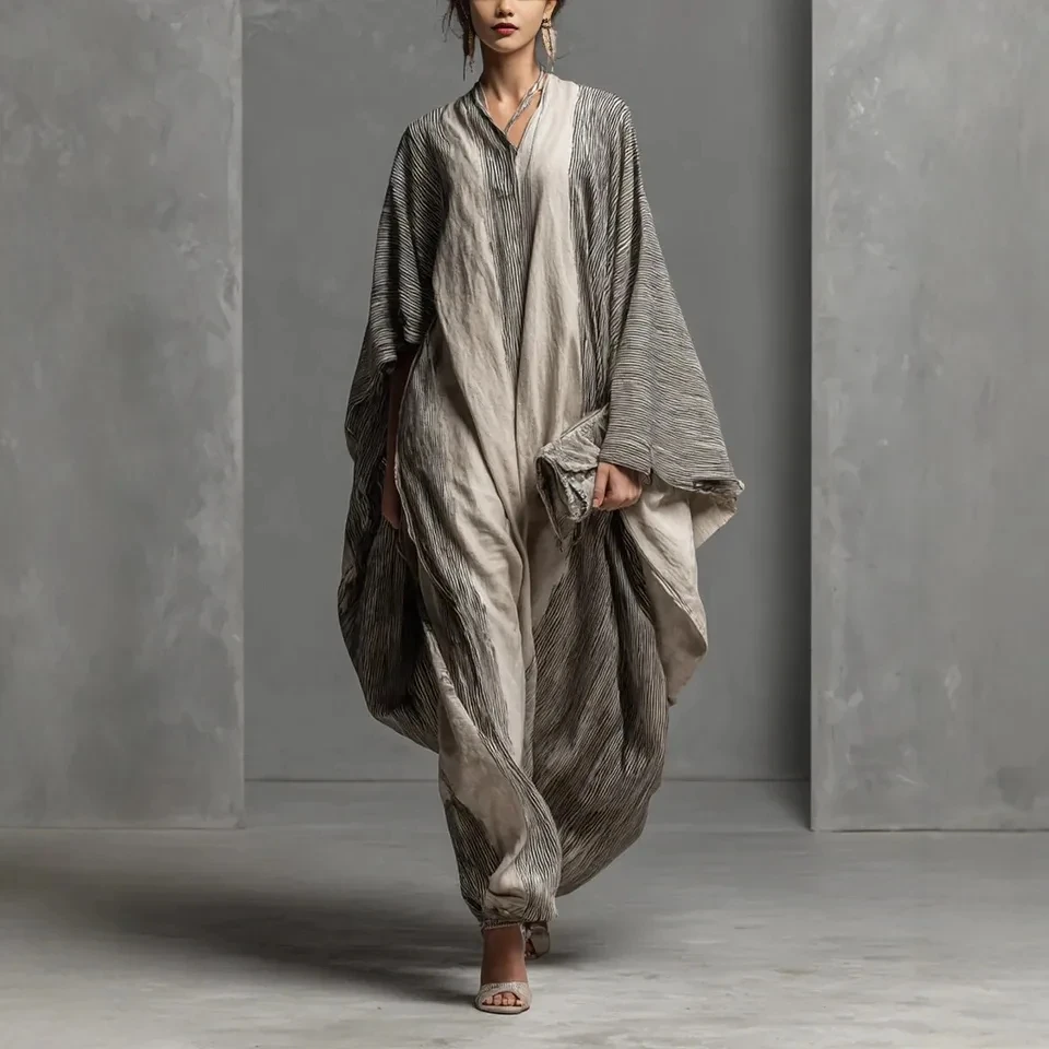 

2026 Spring New Loose Minimalist Solid Color V Neck Waist Cinched Ruffle Trim Temperament Dress Women Long Flowy A Line Dress