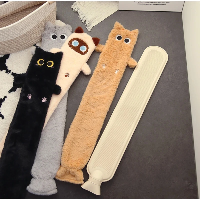 Plush Cat Long Strip Hot Water Bag Large Size 1500ml Water Injection Hot Water Bag Rubber Hot Water Bag Winter Hand Warmers