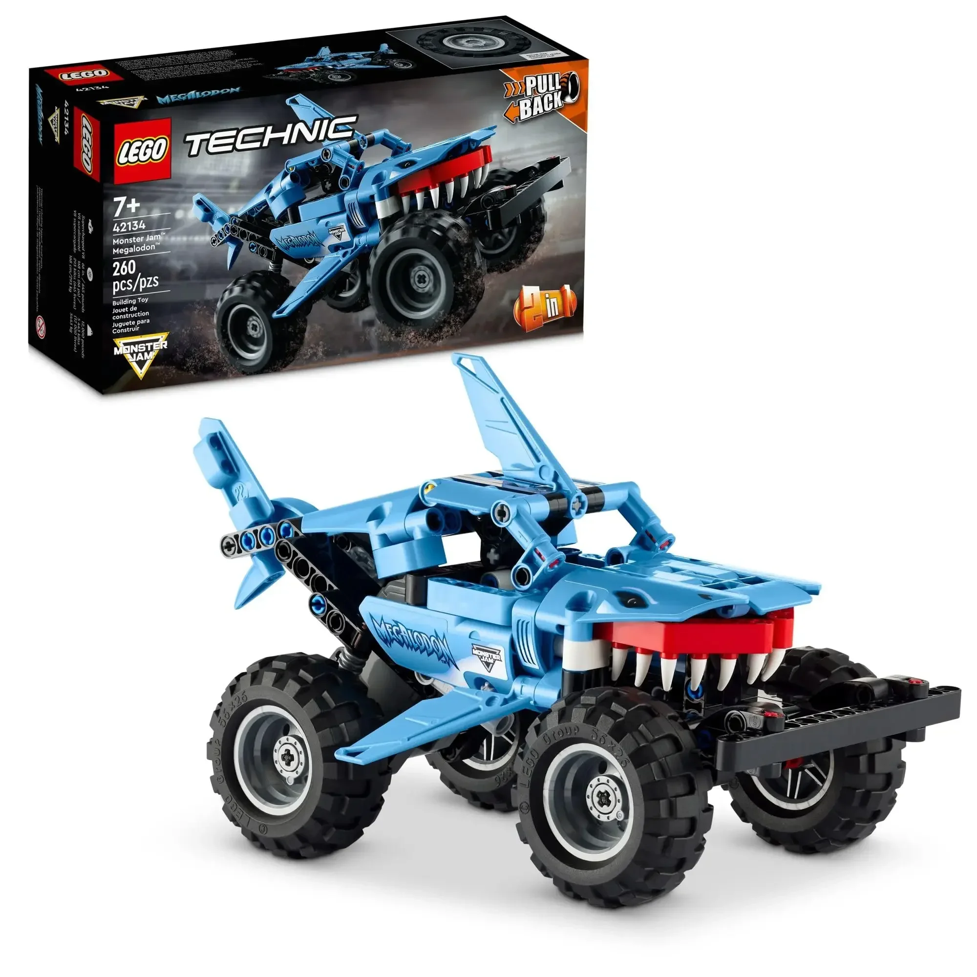 LEGO Technic Monster Jam Megalodon Building Set, 2 in 1 Pull Back Shark Truck to Lusca Low Racer Car Toy, DIY Building Toy 42134