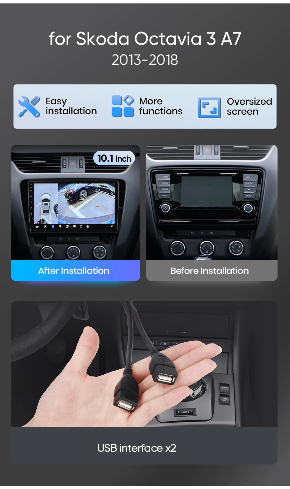 Junsun Autoradio für SKODA Octavia 3 A7 2013 2014 2015-2018 CarPlay Android Auto FM RDS DSP BT GPS Navi SWC HD IPS Touchscreen Plug & Play Multimedia-Player Freisprecheinrichtung Original-Autostil-Haupteinheit – Detail 5