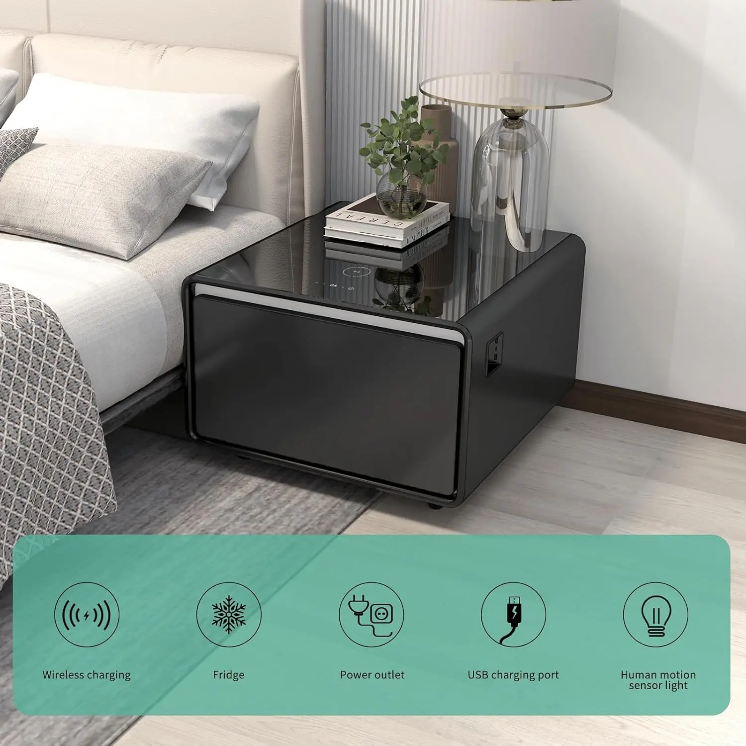 Smart Side Table with Fridge, LT65 Pro Smart Nightstand, Black, Customized