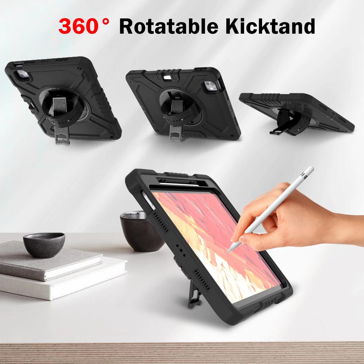Противоударный чехол для iPad pro 11 дюймов (2024 г.) с 360° °   Вращающийся ремешок для рук, портативный плечевой ремень и слот для карандашей