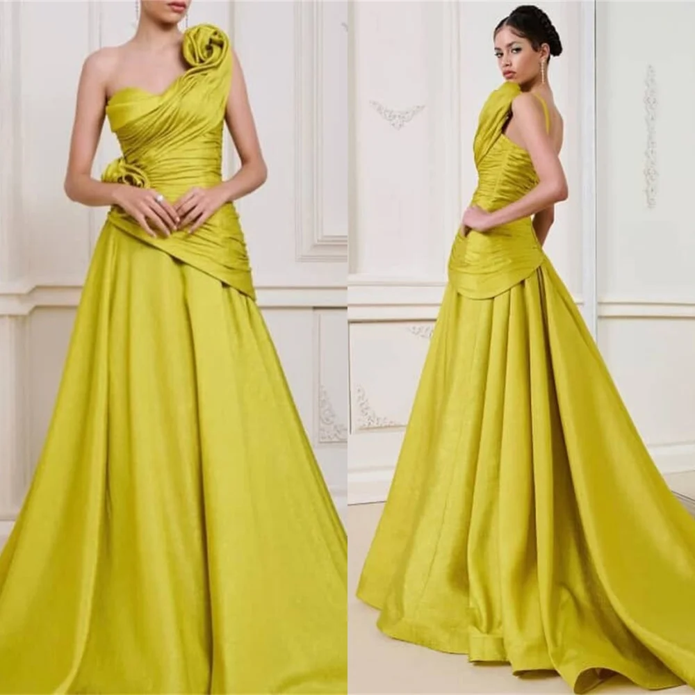 

Customized Delicate yellow Satin Evening Dress Elegant Graceful boat neck One Shoulder Cocktail Dress Modern Homecoming Dress