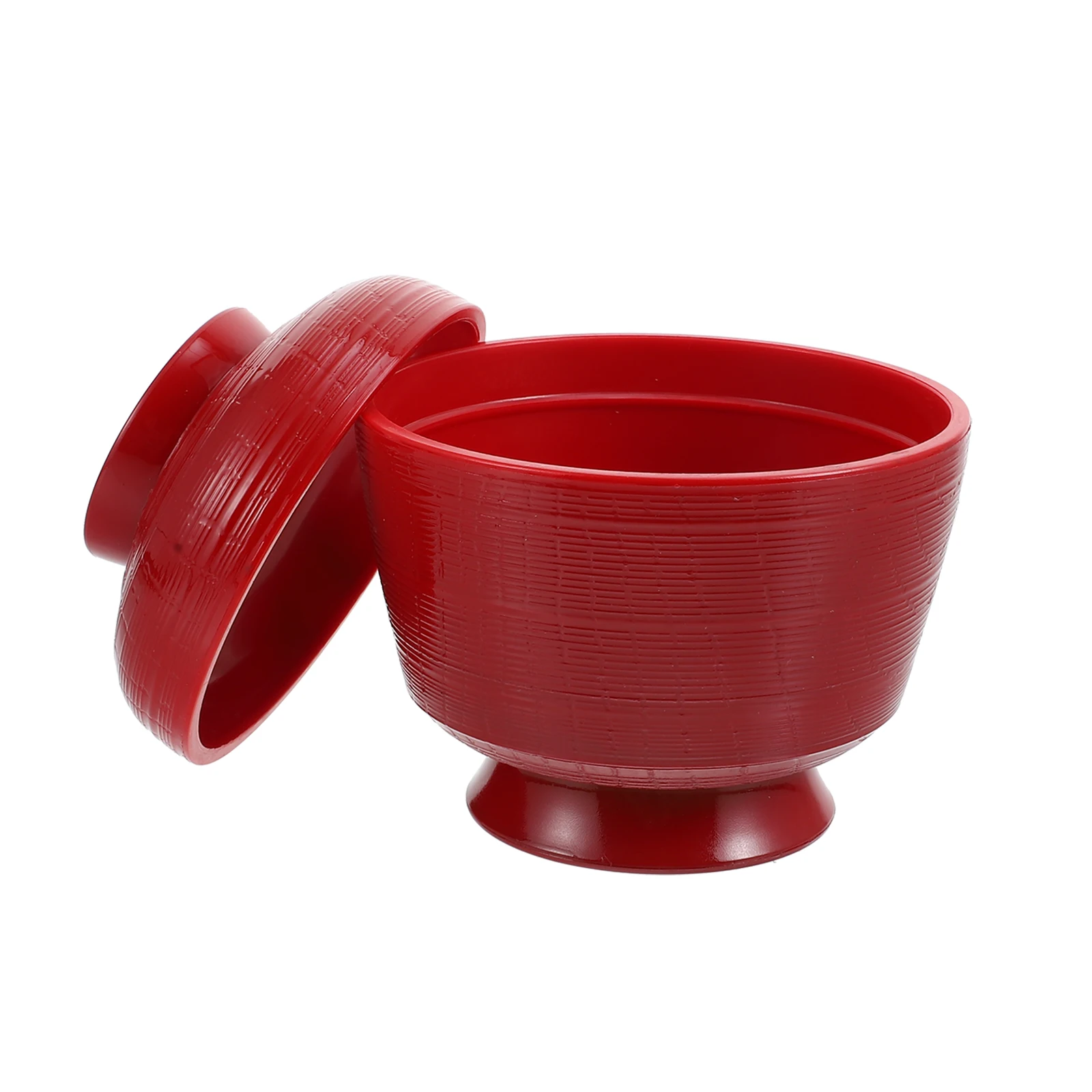 Cuenco de sopa Miso, cuencos pequeños de plástico rojo de estilo japonés con tapa, suministros de cocina a prueba de polvo para el hogar