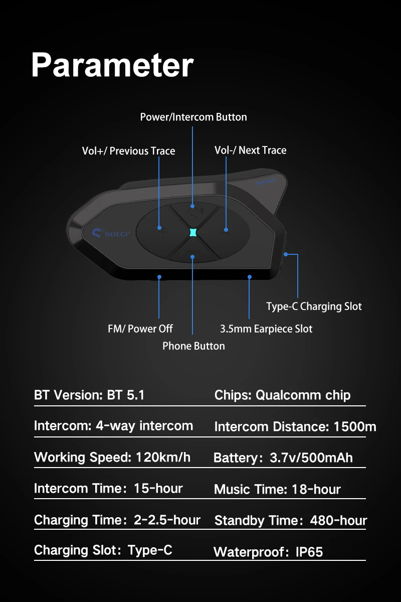 NOECI GOCOM4 Motorcycle Intercom Helmet Bluetooth Headset BT5.1 Communicator For 4 Riders Talking At The Same Time IP65 FM radio