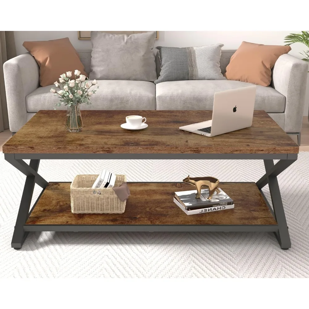 Rustic Farmhouse-Style Wood Coffee Table with Storage, Modern Two-Level Living Room Center Table in Brown