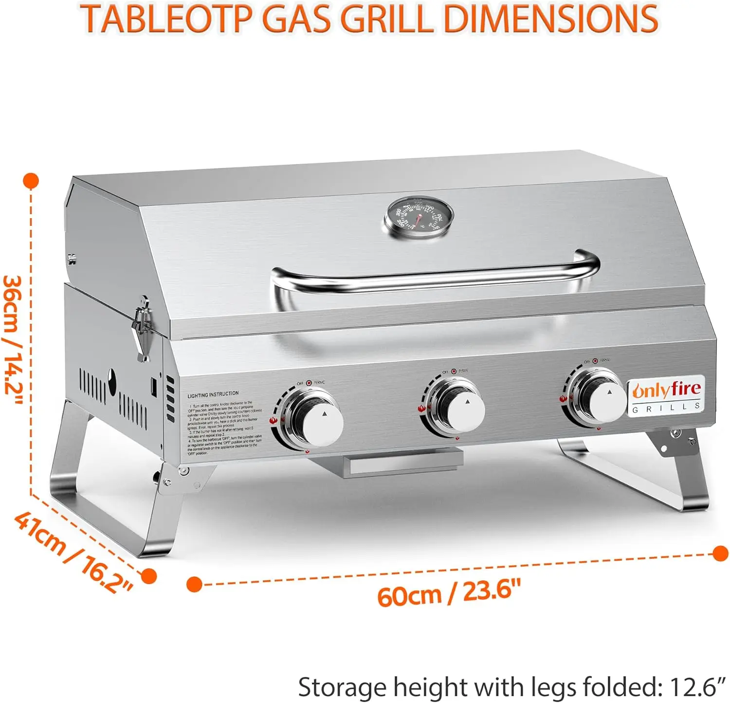 Outdoor Patio, Backyard, Camping, Tailgating, RV, Tabletop Gas Grill, 3 Burners, 24000BTU High Output, Foldable Legs, 22\