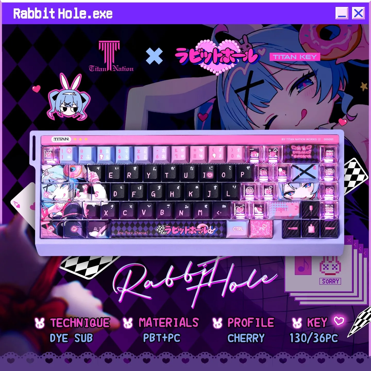 Anime Rabbit Hole Theme Custom Keycaps Set Cute PBT PC Translucent Cherry Profile for Mechanical Keyboard Gaming Gifts view 4