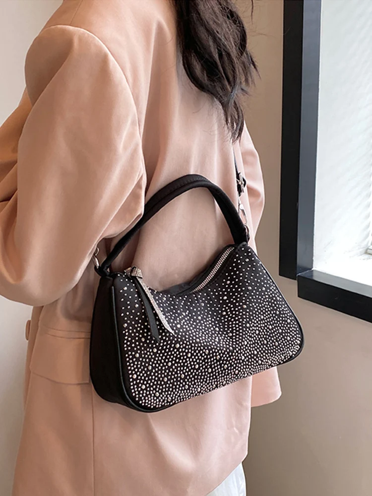 High-end Textured Rhinestone Crossbody Bag Women Black Fashion Nylon Commuter Handbags 2024 Lady Shoulder Bags