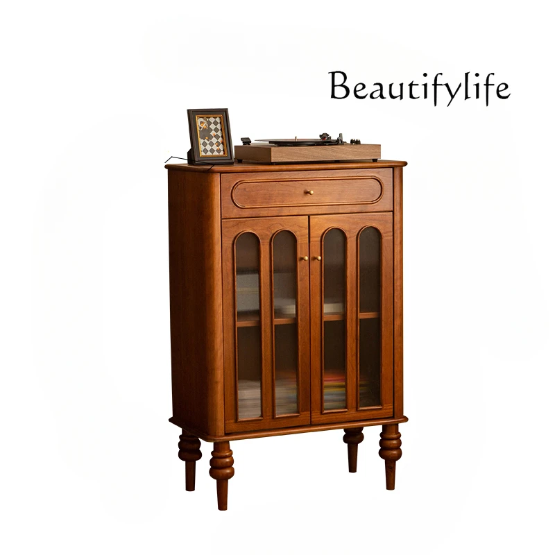 Mid-Ancient Retro Style Solid Wood Sideboard French Cherrywood Liquor Cabinet Caramel Restaurant Storage Cabinet