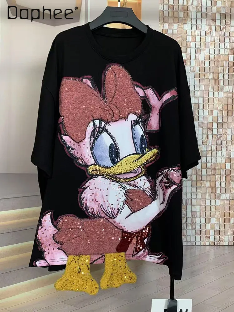 

Autumn New 3D Cartoon Little Feet Mid-Length Black T-Shirt Women Print Sequin Fashion Oversized Loose Short Sleeve T-Shirt