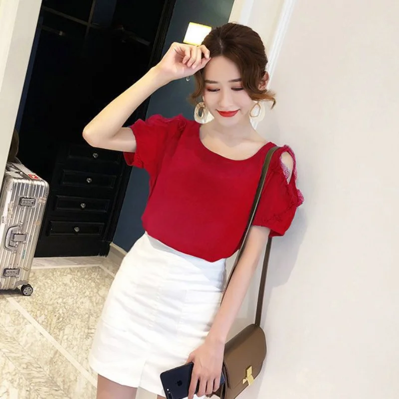 Office Lady Hollow Out T Shirts Summer Short Sleeve Bow Patchwork V Neck Solid Loose Lacing Tops Elegant Fashion Women Clothing