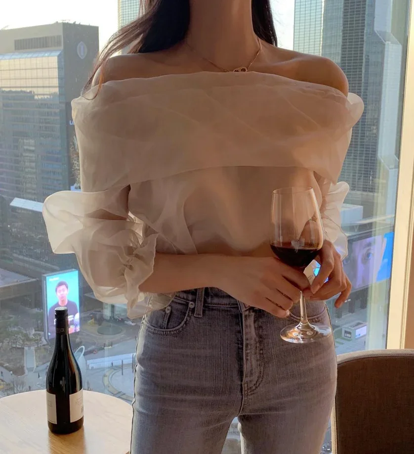 Woherb Slash Neck Long Sleeve Shirt Women Elegant Off Shoulder Korean Chic Blouse See Through All-match Tops Blusas Mujer