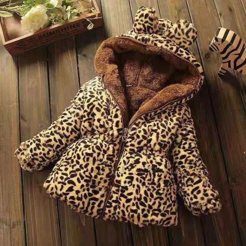 

Winter Girls Warm Thick Jackets Fur Hooded Leopard Print Kids Cute Parkas Girl Coats Baby Girl Zipper Overcoat 2-10Years Q718