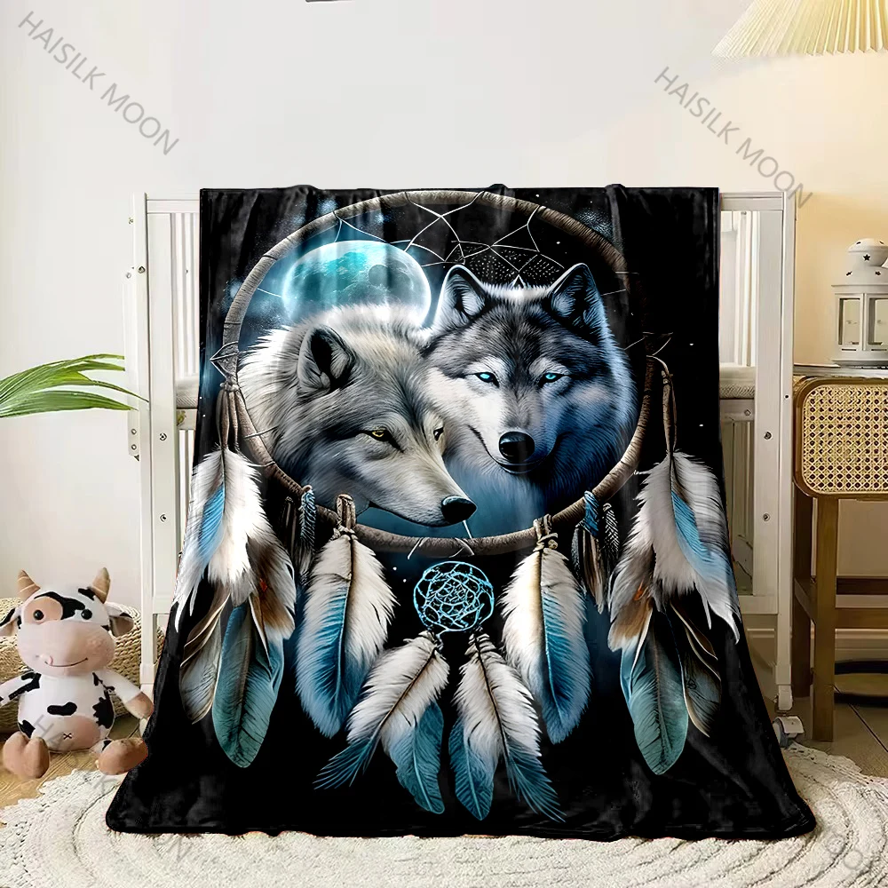 Large Size Lightweight Wolf＆Dream Catcher Print Blanket Super Soft Cozy Home Bed Sofa Office Camping Shawl Blanket Great Gifts