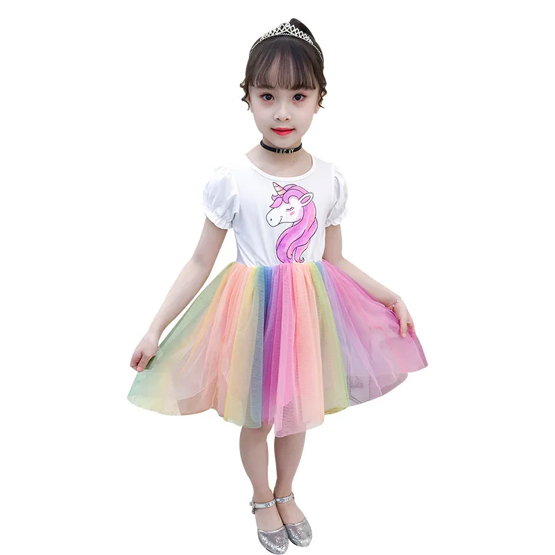 Girls Clothes 2024 New Girls Summer Dress Wedding Rainbow Dress Fluffy Dress Princess Dress Unicorn Elegant Kids Clothes 2-14Y