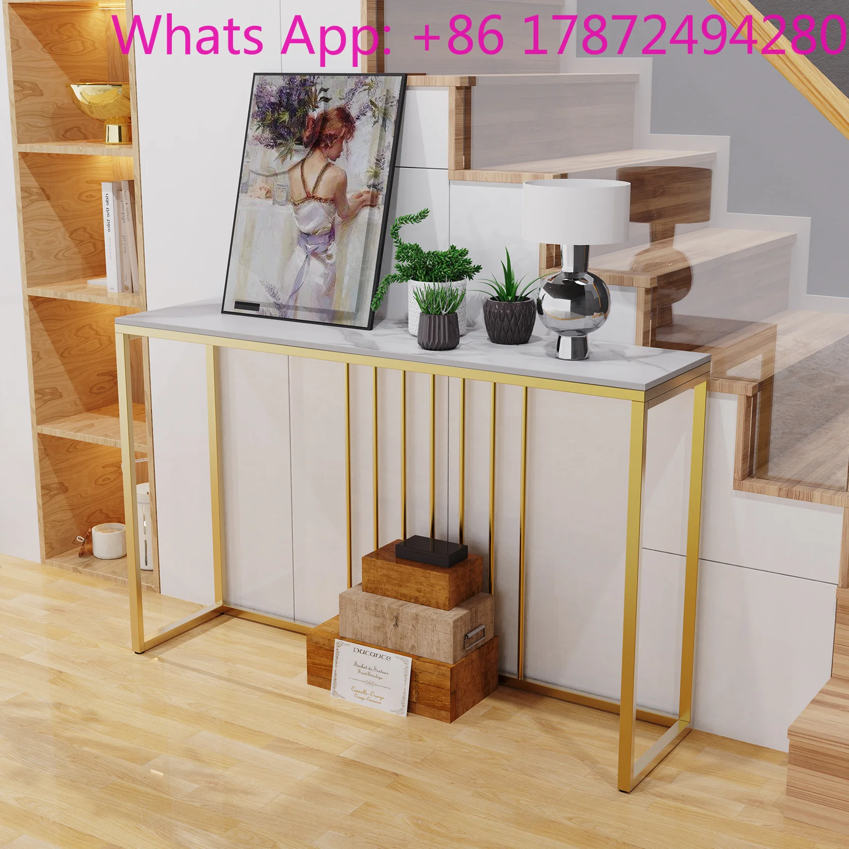Extra Long Console Table Sintered Top Gold Metal Leg Sofa Table for Hallway Entryway