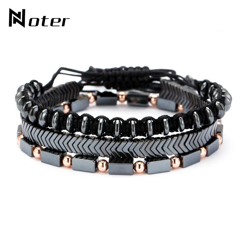 3Pcs Men Bracelet Set Handmade Weaven Braslet Natural Hematite Healing Braclet Stone Adjustable Father's Day Gift Wrap Pulseria