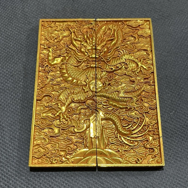 Античный стиль, чистая медь, позолота, династия Цин, год Цяньлун, позолоченный двойной дракон, свадебный сертификат, набор орнаментов, пресс-папье, антикварное Античный стиль, чистая медь, позолота, династия Цин, год Цяньлун, позолоченный двойной дракон, свадебный сертификат, набор орнаментов, пресс-папье, антикварное