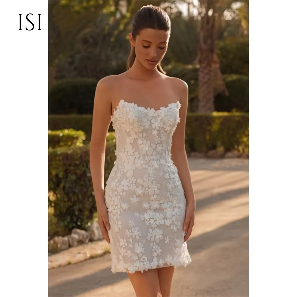 ISI Unique Mermaid Lace Short Wedding Dress Strapless Sleeveless Flora Zip vestidos de noche Sexy Mini robe de mariée 2026Summer