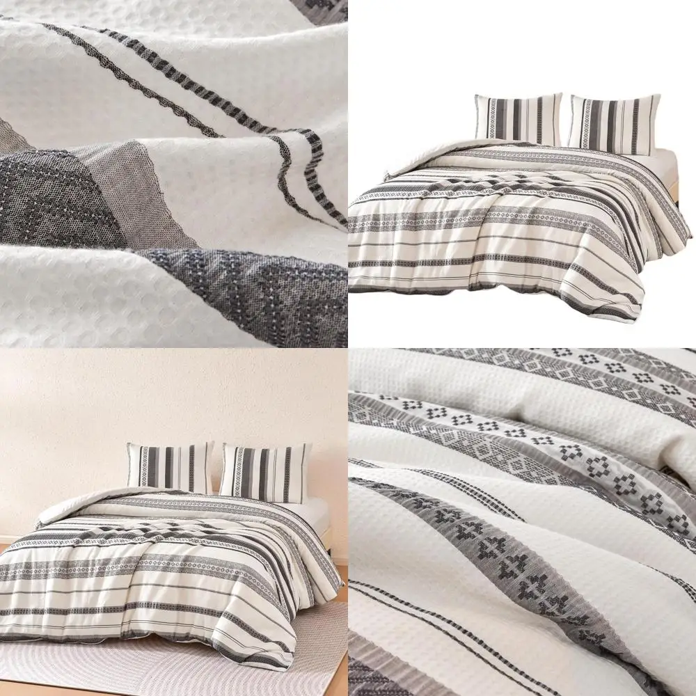 

Grey Striped Waffle Weave Microfiber Duvet Cover Set, California King, 3-Piece with 2 Shams