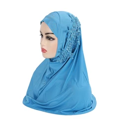 H027 beautiful big gilrs muslim hijab with lace and stones islamic scarf shawl headscarf hat armia pull on wrap ramadan gift