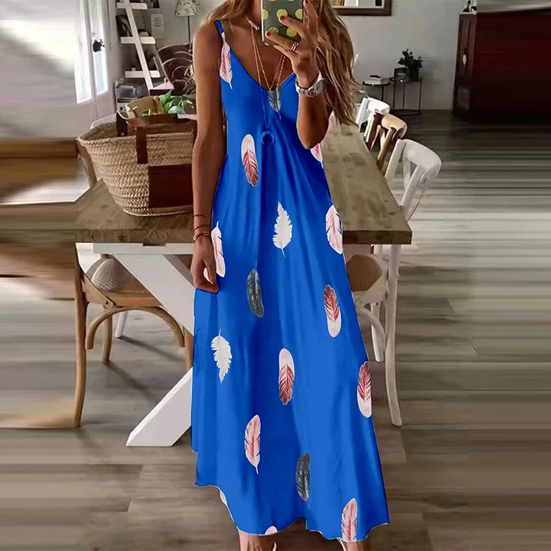 8Colour All-Season Chic Feather Print Maxi Dress Casual V-Neck Comfort Stretch Easy Care