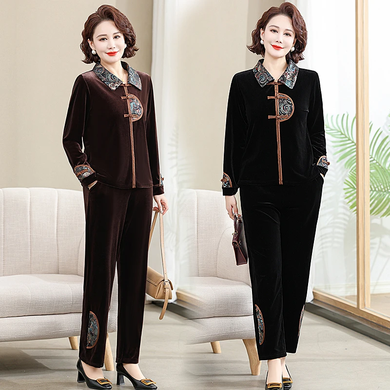 Completi da donna Giacca a maniche lunghe in velluto Pantaloni Abito Madre di mezza età Due pezzi taglie forti Madre di mezza età 2 pezzi Outfi
