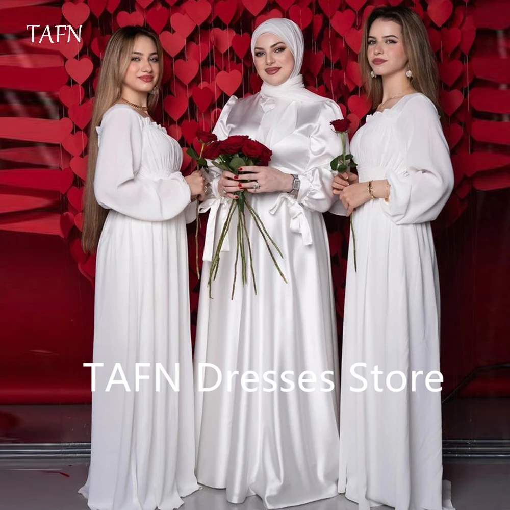 

TAFN Modest Dubai Arabic Women Formal Wedding Dresses Evening Gowns High Neck Long Sleeves Scalf Muslim Bride Dress Customized