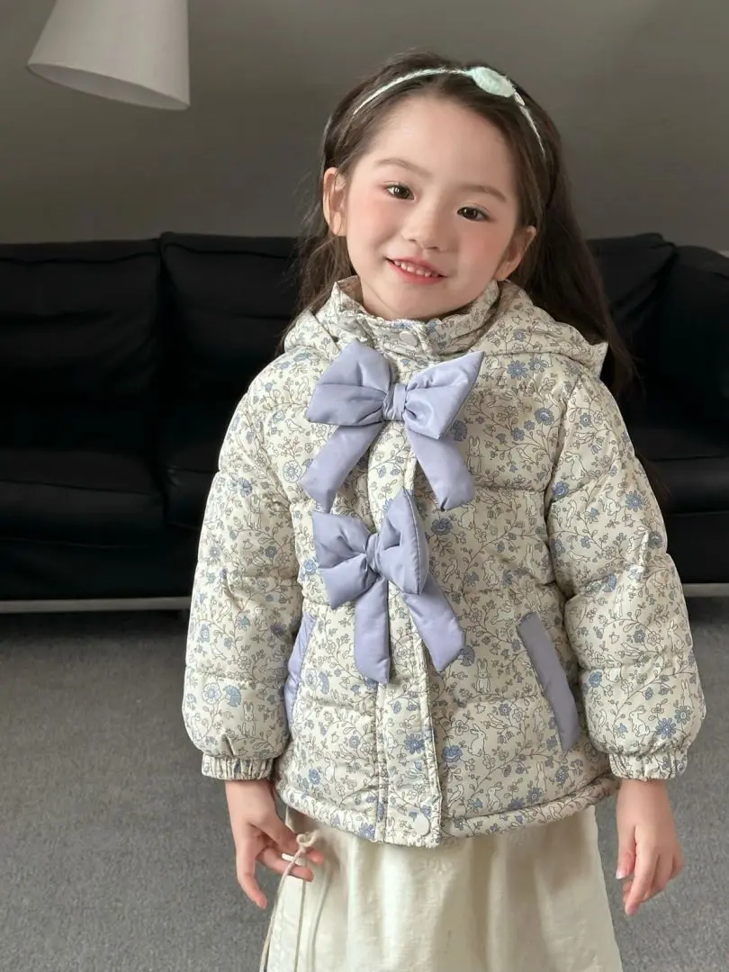 

Baby Girls Winter Print Jacket Thicken down Coat Warm Hooded Bow Outerwear Windproof Children's Parka New Infant Trendy Clothing